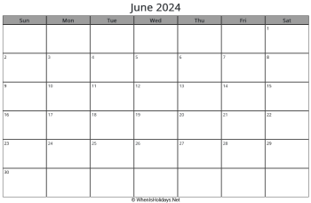 june 2024 calendar with week start on sunday, landscape, letter paper