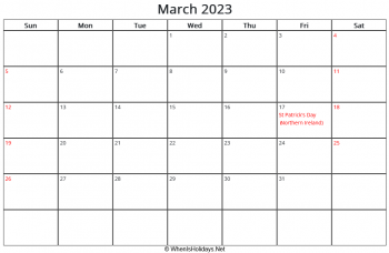 march 2023 calendar with uk bank holidays, sunday start, landscape letter