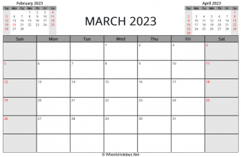 march 2023 printable calendar with us holidays, sunday start, landscape letter