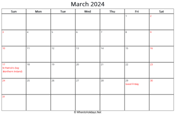 march 2024 calendar with uk bank holidays, sunday start, landscape letter
