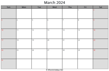 march 2024 calendar with us holidays, sunday start, landscape letter