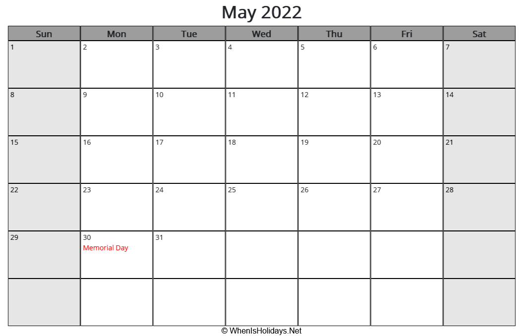May 2022 Calendar With US Holidays And Week Start On Sunday Landscape 