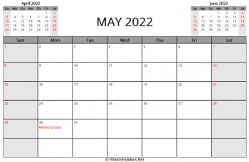 May 2022 Calendar Holidays May 2022 Printable Calendar With Us Holidays And Week Start On Sunday  (Landscape, Letter Paper Size)