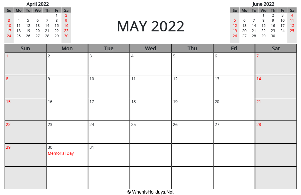 May 2022 Calendar Excel May 2022 Printable Calendar With Us Holidays And Week Start On Sunday  (Landscape, Letter Paper Size)