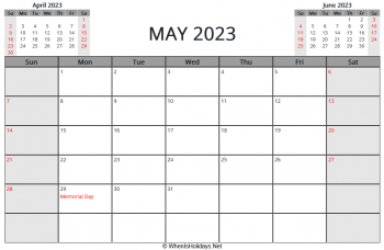 may 2023 printable calendar with us holidays and week start on sunday, landscape, letter paper