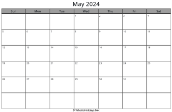 may 2024 calendar with week start on sunday, landscape, letter paper