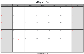 may 2024 calendar with us holidays and week start on sunday, landscape, letter paper