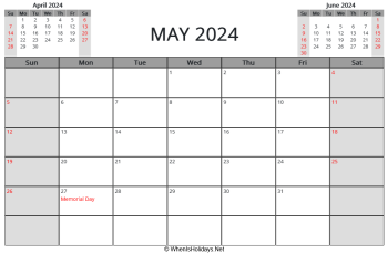 may 2024 printable calendar with us holidays and week start on sunday, landscape, letter paper