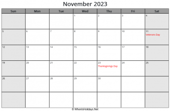 november 2023 calendar with us holidays and week start on sunday, landscape, letter paper