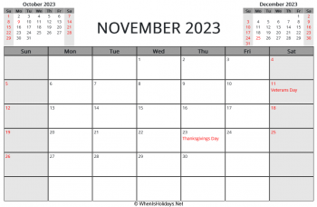 november 2023 printable calendar with us holidays and week start on sunday, landscape, letter paper