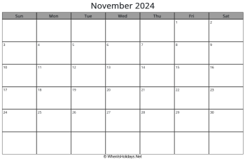 november 2024 calendar with week start on sunday, landscape, letter paper