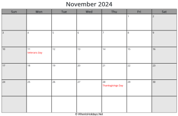 november 2024 calendar with us holidays, sunday start, landscape letter