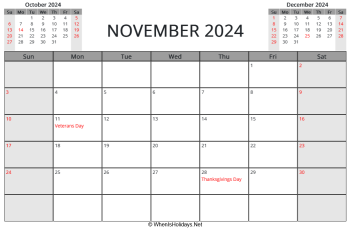 november 2024 printable calendar with us holidays and week start on sunday, landscape, letter paper