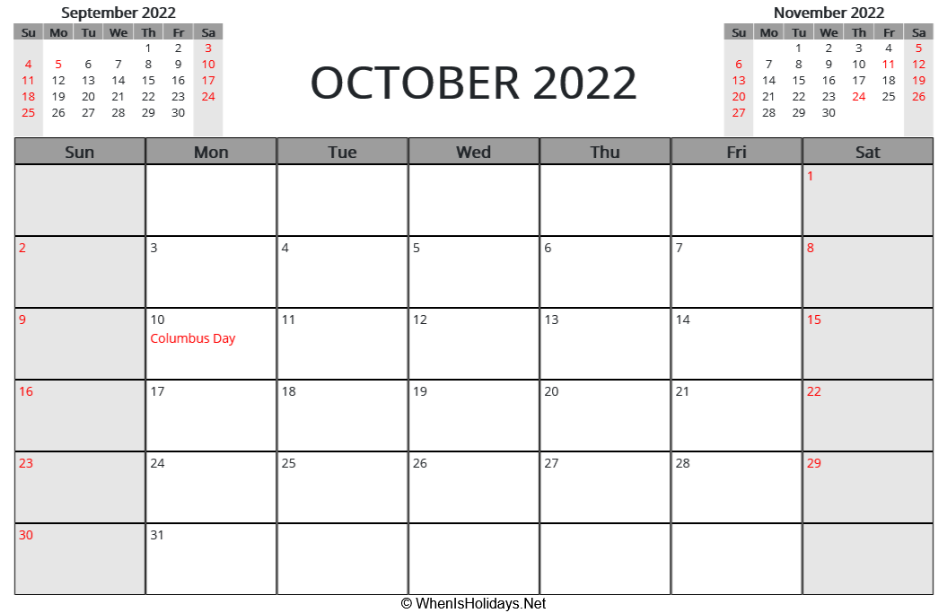 October 2022 Calendar Columbus Day October 2022 Printable Calendar With Us Holidays And Week Start On Sunday  (Landscape, Letter Paper Size)