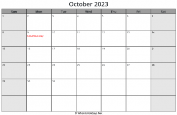 october 2023 calendar with us holidays and week start on sunday, landscape, letter paper