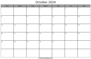 october 2024 calendar with week start on sunday, landscape, letter paper