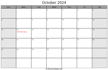 october 2024 calendar with us holidays and week start on sunday, landscape, letter paper