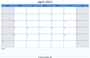 printable april calendar 2023 with us holidays, sunday start, notes at bottom, landscape letter