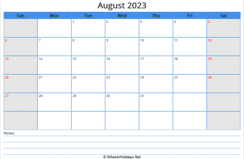printable august calendar 2023 with us holidays and notes at bottom, week start on sunday, landscape, letter paper