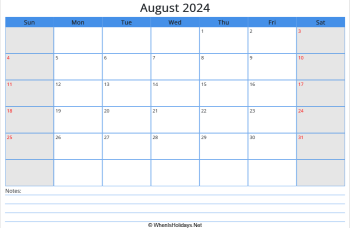 printable august calendar 2024 with us holidays and notes at bottom, week start on sunday, landscape, letter paper