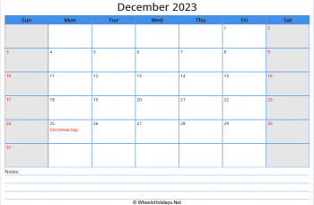 printable december calendar 2023 with us holidays and notes at bottom, week start on sunday, landscape, letter paper
