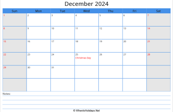 printable december calendar 2024 with us holidays and notes at bottom, week start on sunday, landscape, letter paper