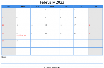 printable february calendar 2023 with us holidays, sunday start, notes at bottom, landscape letter