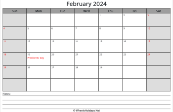 printable february calendar 2024 with us holidays and notes at bottom, week start on sunday, landscape, letter paper