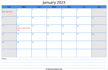 printable january calendar 2023 with us holidays and notes at bottom, week start on sunday, landscape, letter paper