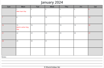 printable january calendar 2024 with us holidays and notes at bottom, week start on sunday, landscape, letter paper