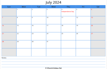 printable july calendar 2024 with us holidays and notes at bottom, week start on sunday, landscape, letter paper