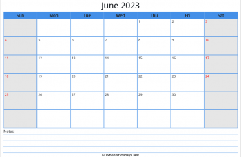 printable june calendar 2023 with us holidays and notes at bottom, week start on sunday, landscape, letter paper