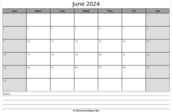 printable june calendar 2024 with us holidays and notes at bottom, week start on sunday, landscape, letter paper