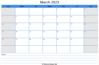 printable march calendar 2023 with us holidays, sunday start, notes at bottom, landscape letter