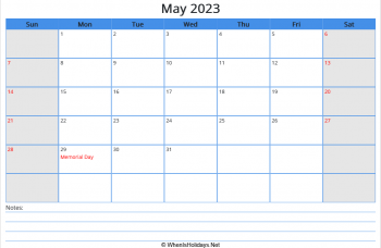 printable may calendar 2023 with us holidays and notes at bottom, week start on sunday, landscape, letter paper