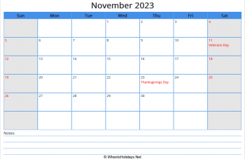 printable november calendar 2023 with us holidays and notes at bottom, week start on sunday, landscape, letter paper