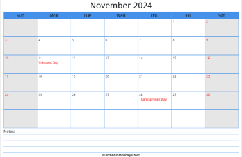 printable november calendar 2024 with us holidays and notes at bottom, week start on sunday, landscape, letter paper