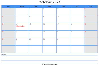 printable october calendar 2024 with us holidays and notes at bottom, week start on sunday, landscape, letter paper