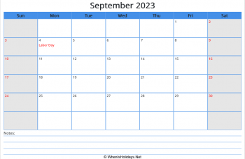 printable september calendar 2023 with us holidays and notes at bottom, week start on sunday, landscape, letter paper